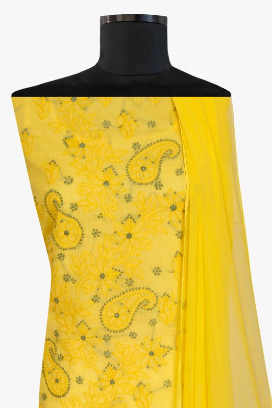 Ada Hand Embroidered Yellow Cotton Lucknowi Chikan Unstitched Suit Piece-A211119