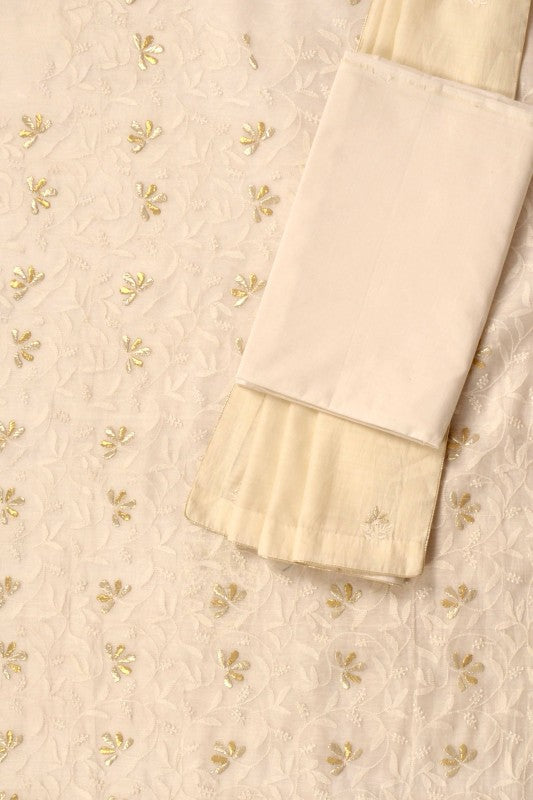 Ada Hand Embroidered Cream Chanderi Lucknowi Chikan Unstitched Suit Piece With Gota Patti Work A575128