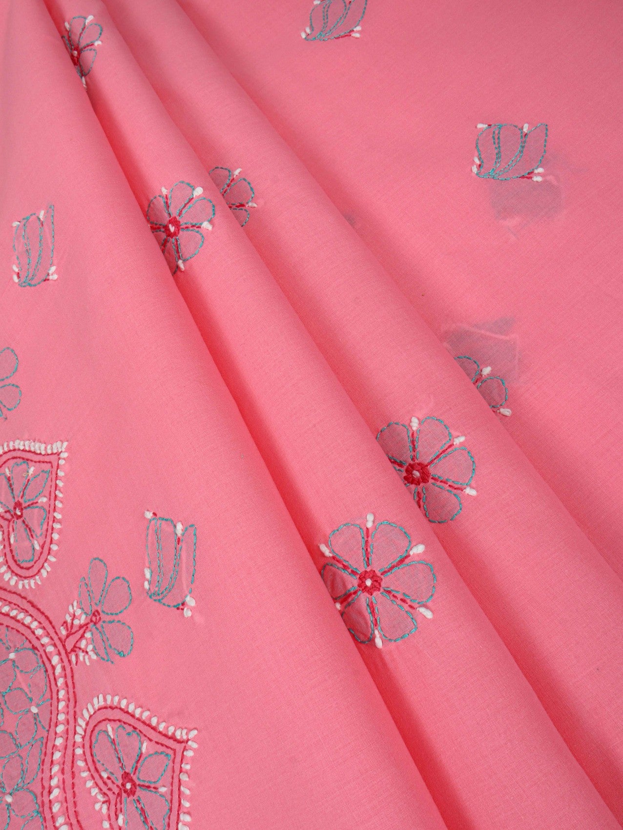 Ada Hand Embroidered Coral Pink Cotton Lucknowi Chikankari Unstitched Suit Piece 01A202426