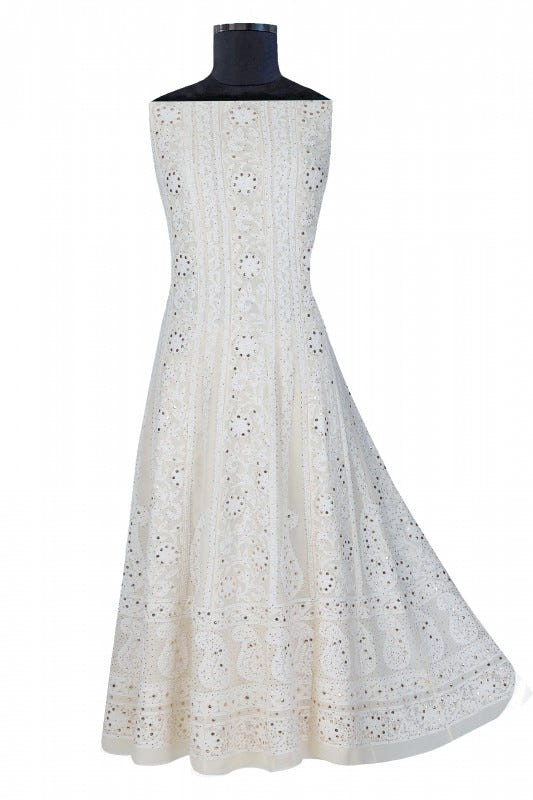 Ada Hand Embroidered White Pure Georgette Lucknowi Chikankari Semi-stitched Anarkali Kurta Dupatta Set With Muqaish Work- A625852