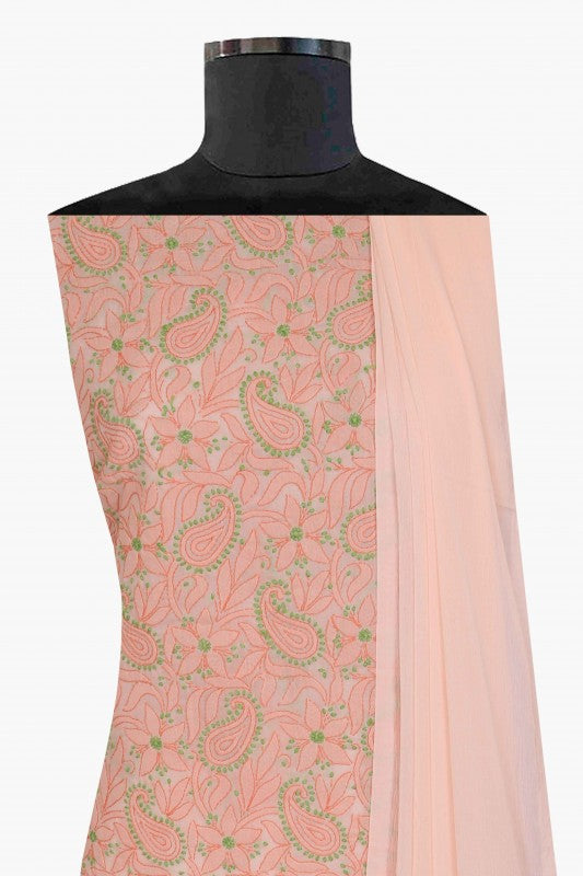 Ada Hand Embroidered Peach Cotton Lucknowi Chikan Unstitched Suit Piece-A100162