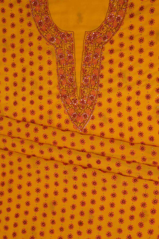 Ada Hand Embroidered Mustard Pure Georgette Lucknowi Chikan Unstitched Suit Piece with Muqaish Work A94468