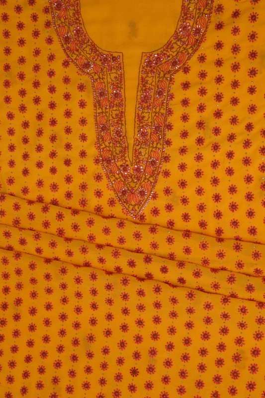 Ada Hand Embroidered Mustard Pure Georgette Lucknowi Chikan Unstitched Suit Piece with Muqaish Work A94468