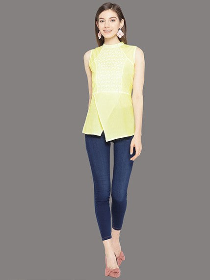 Ada Hand Embroidered Lemon Cotton Lucknow Chikan Top A100075