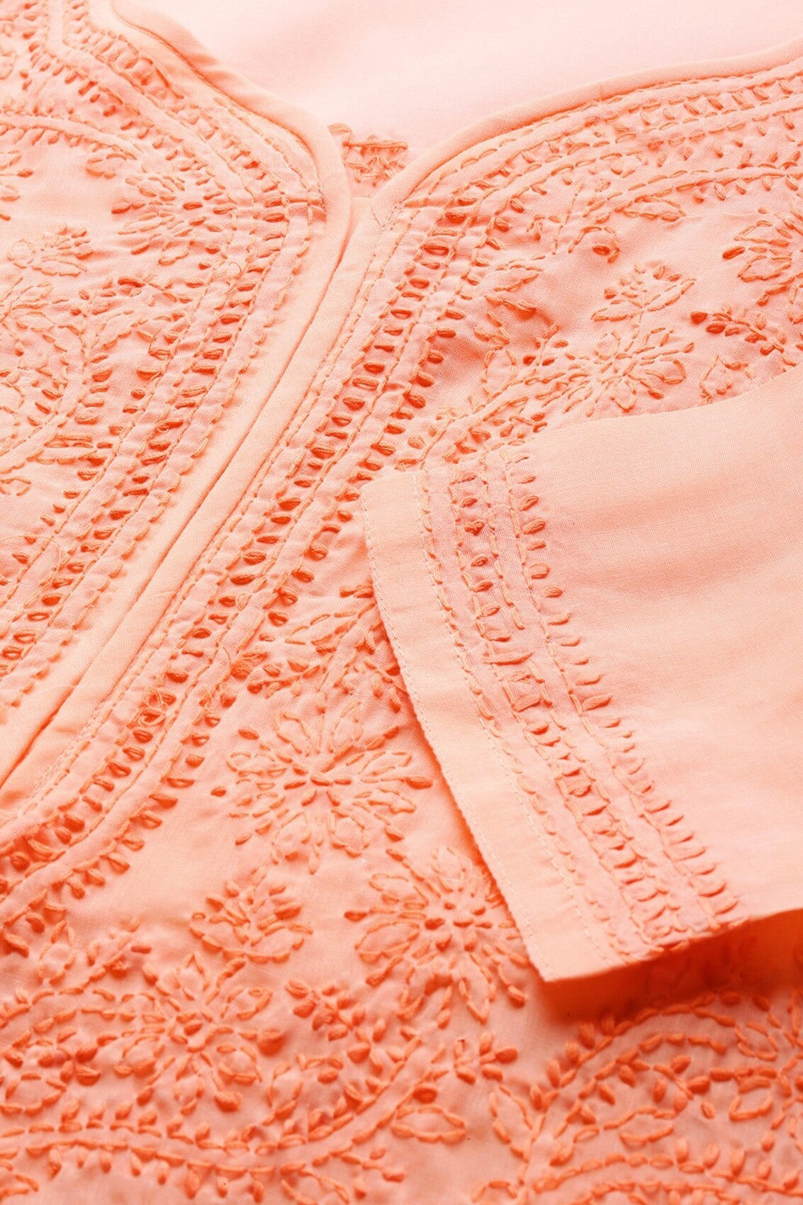 Ada Hand Embroidered Peach Cotton Lucknowi Chikankari Straight Kurta A100369