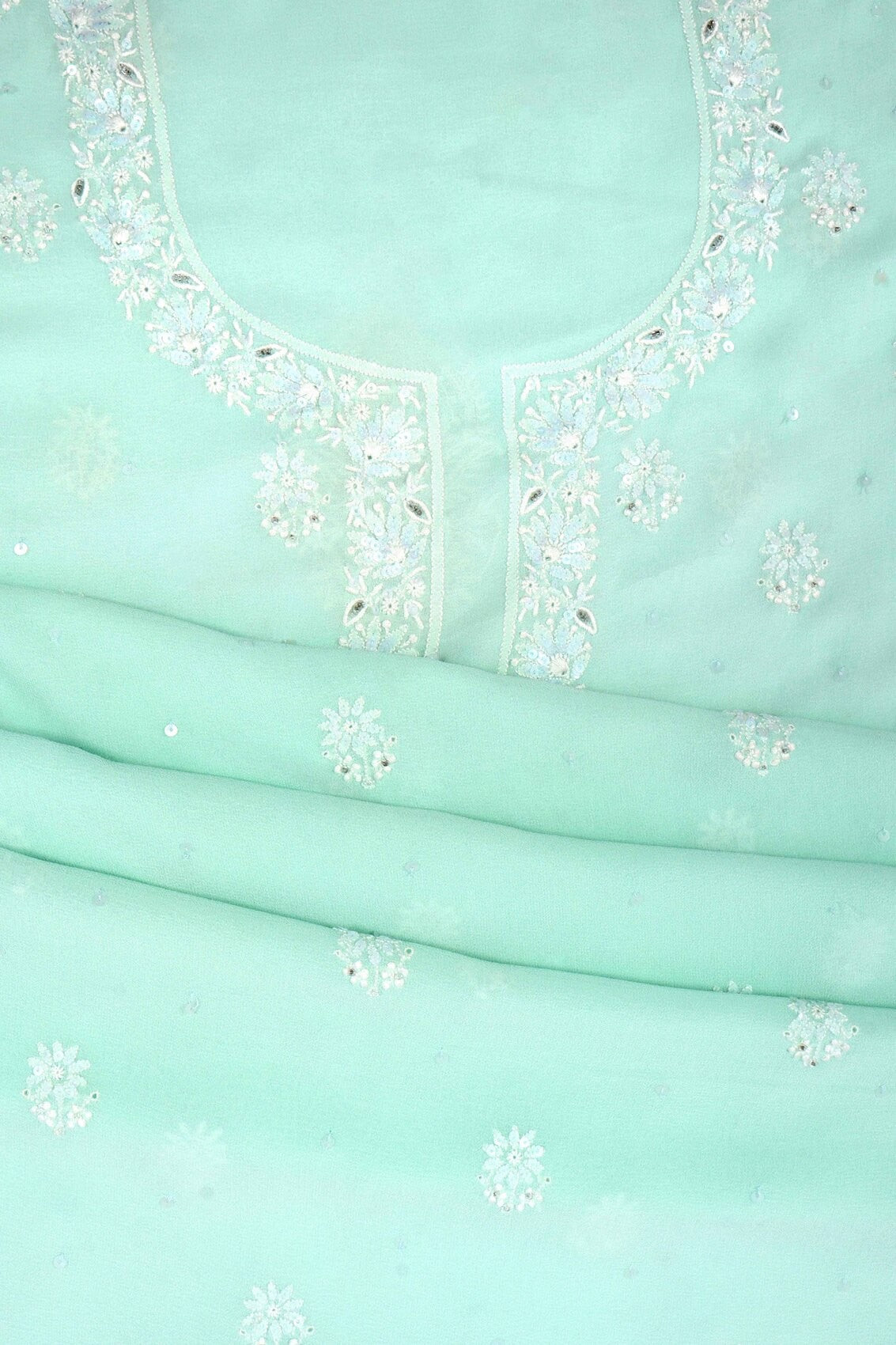 Ada Hand Embroidered Sea Green Pure Georgette Lucknowi Chikankari Unstitched Kurta Piece With Sequinned Work A508033