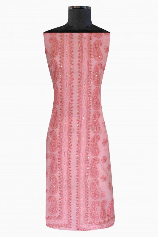 Ada Hand Embroidered Baby Pink Cotton Lucknowi Chikan Unstitched Kurta Piece with Sequinned Work - A175092