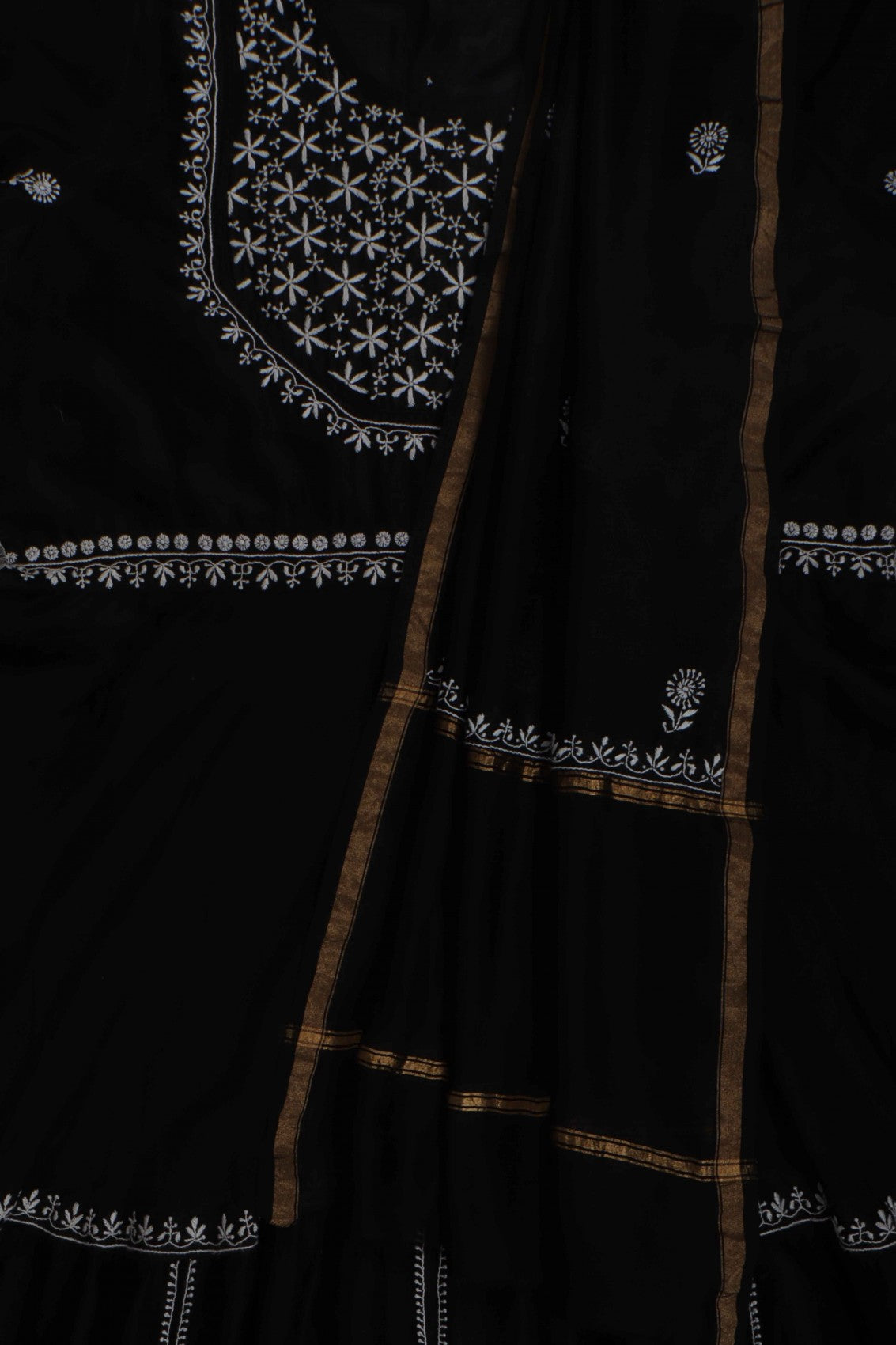 Ada Hand Embroidered Black Chanderi Lucknowi Chikankari Semi-Stitched Anarkali Kurta Dupatta Set 01A216284