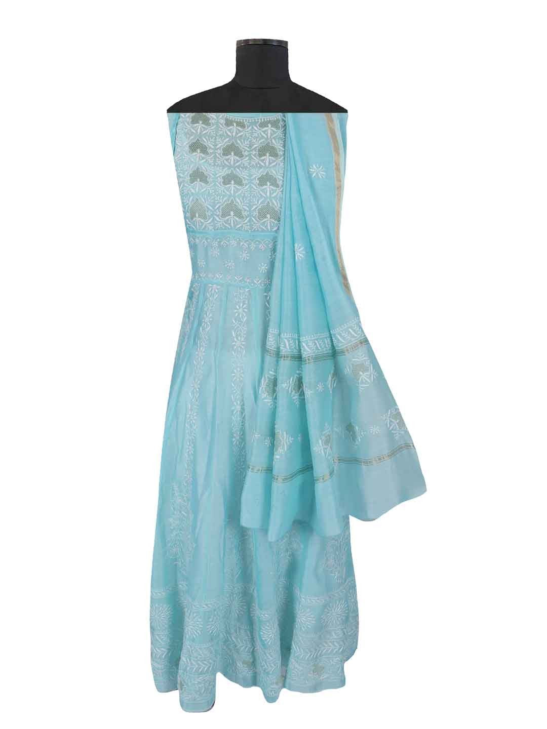 Ada Hand Embroidered Tame Teal Blue Chanderi Lucknowi Chikankari Semi-Stitched Anarkali Kurta Dupatta Set With Zari Work 01A205806