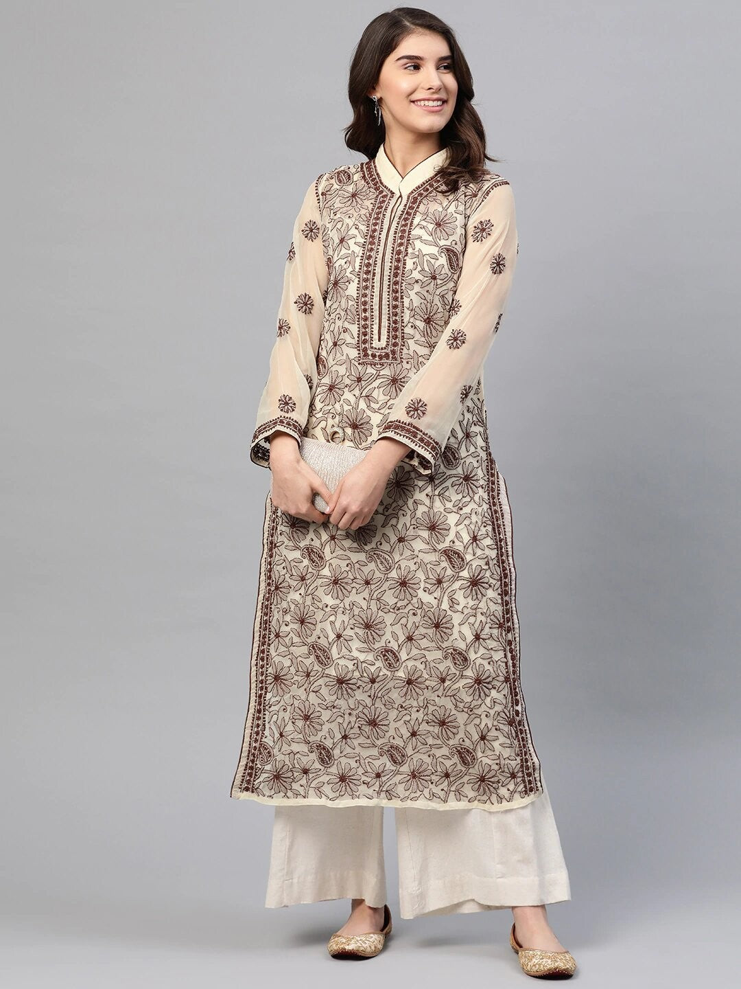 Ada Hand Embroidered Fawn Georgette Lucknowi Chikankari Straight Kurti with Slip A225189