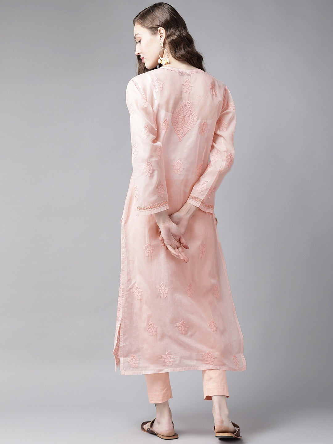 Ada Hand Embroidered Peach Cotton Lucknow Chikan Kurta-A411253