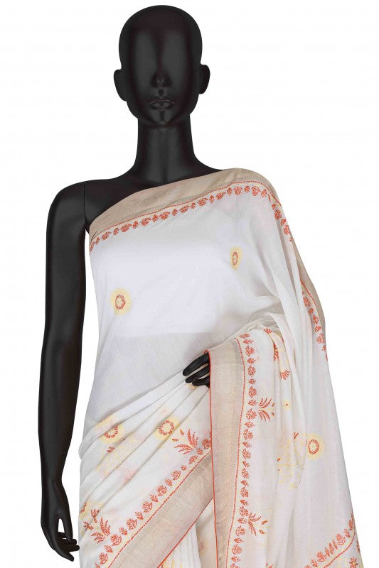 Ada Hand Embroidered Cream Chanderi Lucknowi Chikankari Saree With Blouse- A437929