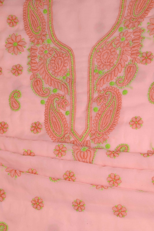 Ada Hand Embroidered Peach Georgette Lucknowi Chikankari Unstitched Suit Piece A211192