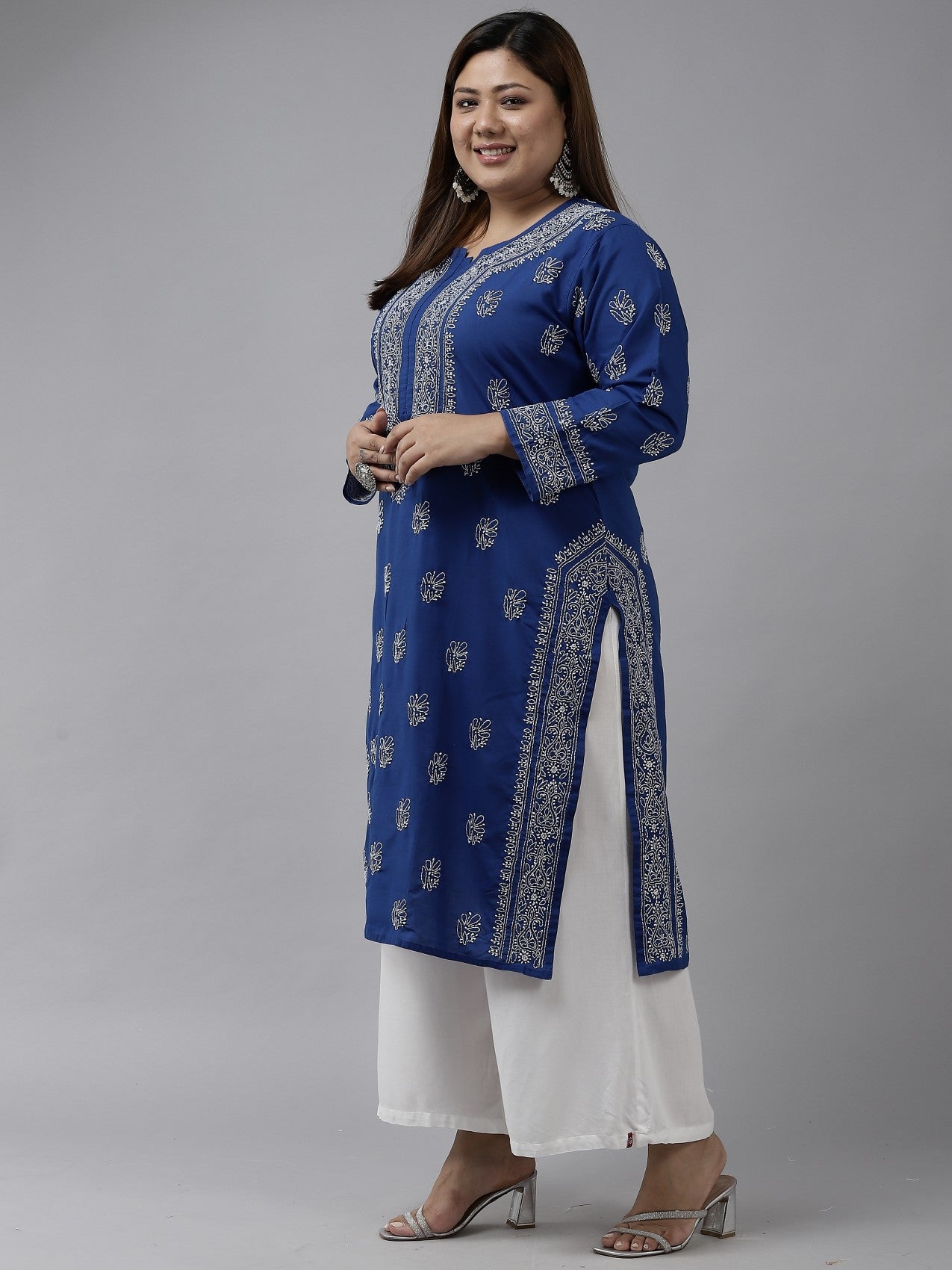 Ada Hand Embroidered Royal Blue Cotton Lucknowi Chikankari Straight Kurta A100458