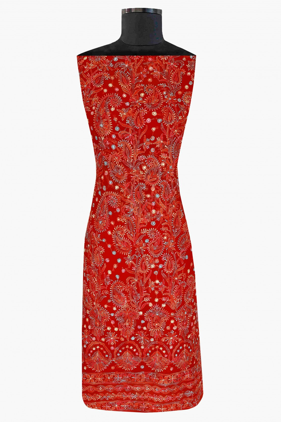 Ada Hand Embroidered Red Georgette Lucknowi Chikankari Unstitched Suit Piece A211176