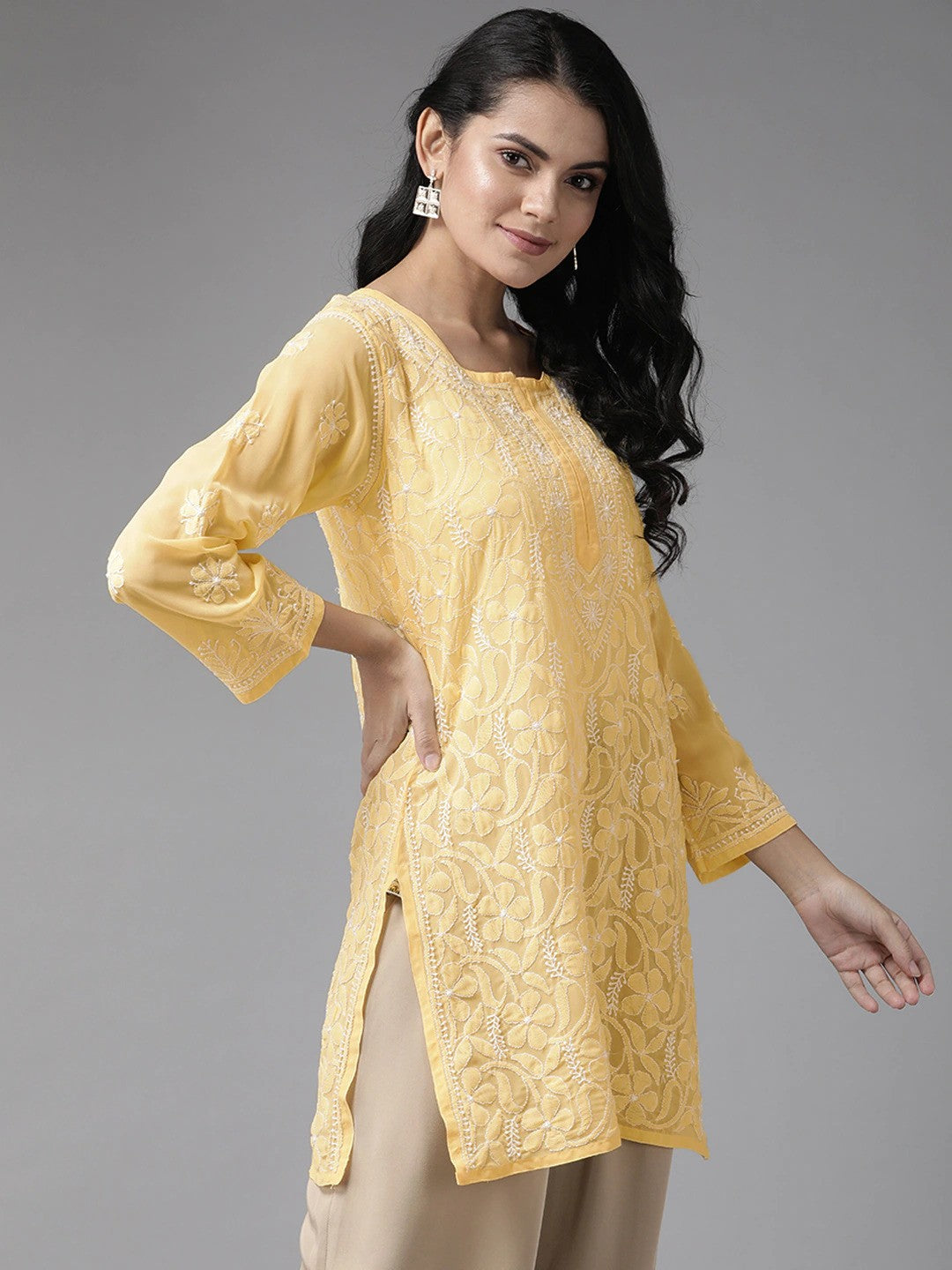 Ada Hand Embroidered Yellow Georgette Lucknowi Chikankari Straight Kurti A911120