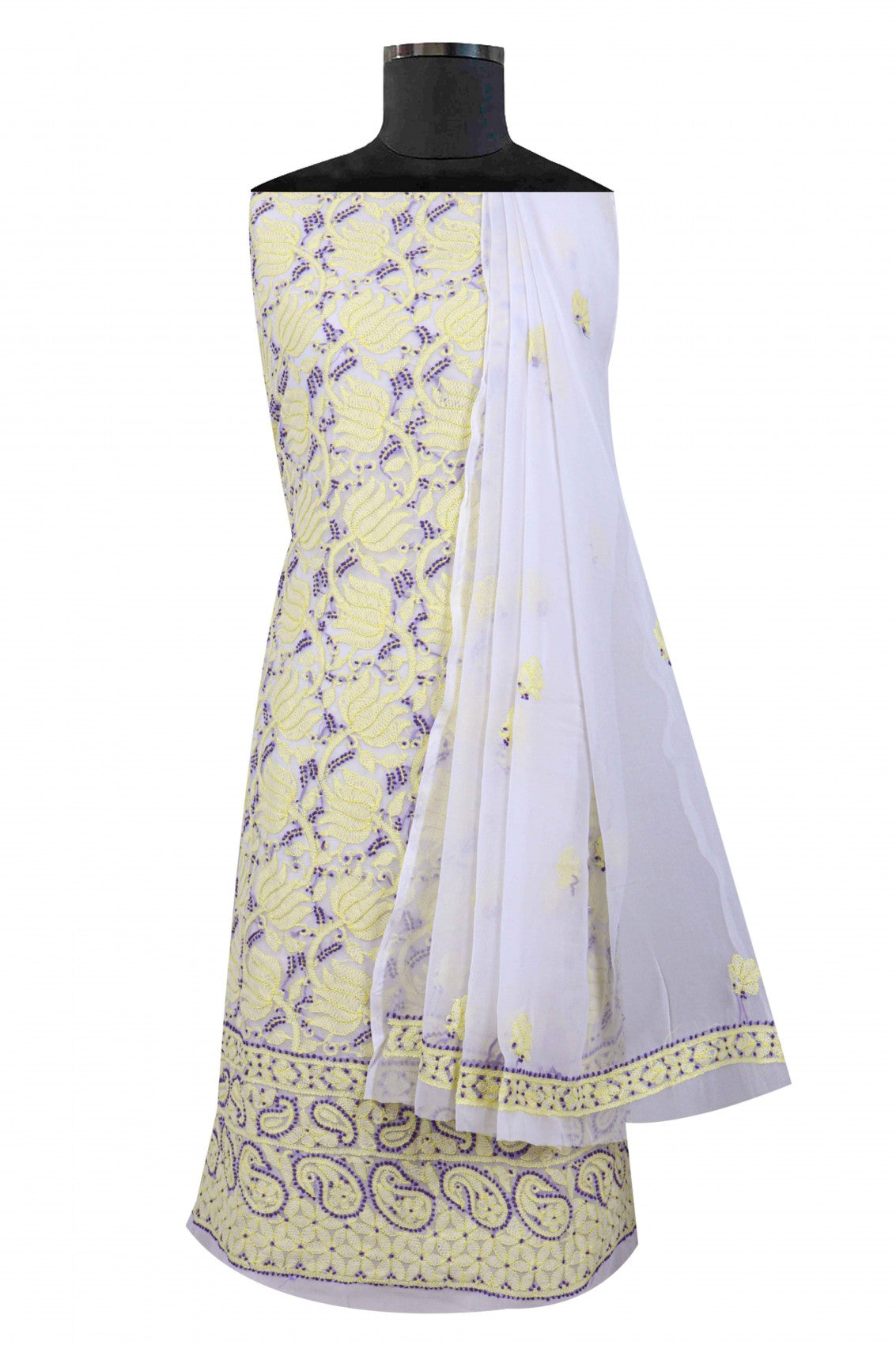 Ada Hand Embroidered White Georgette Lucknowi Chikankari Unstitched Suit Piece 01A24375