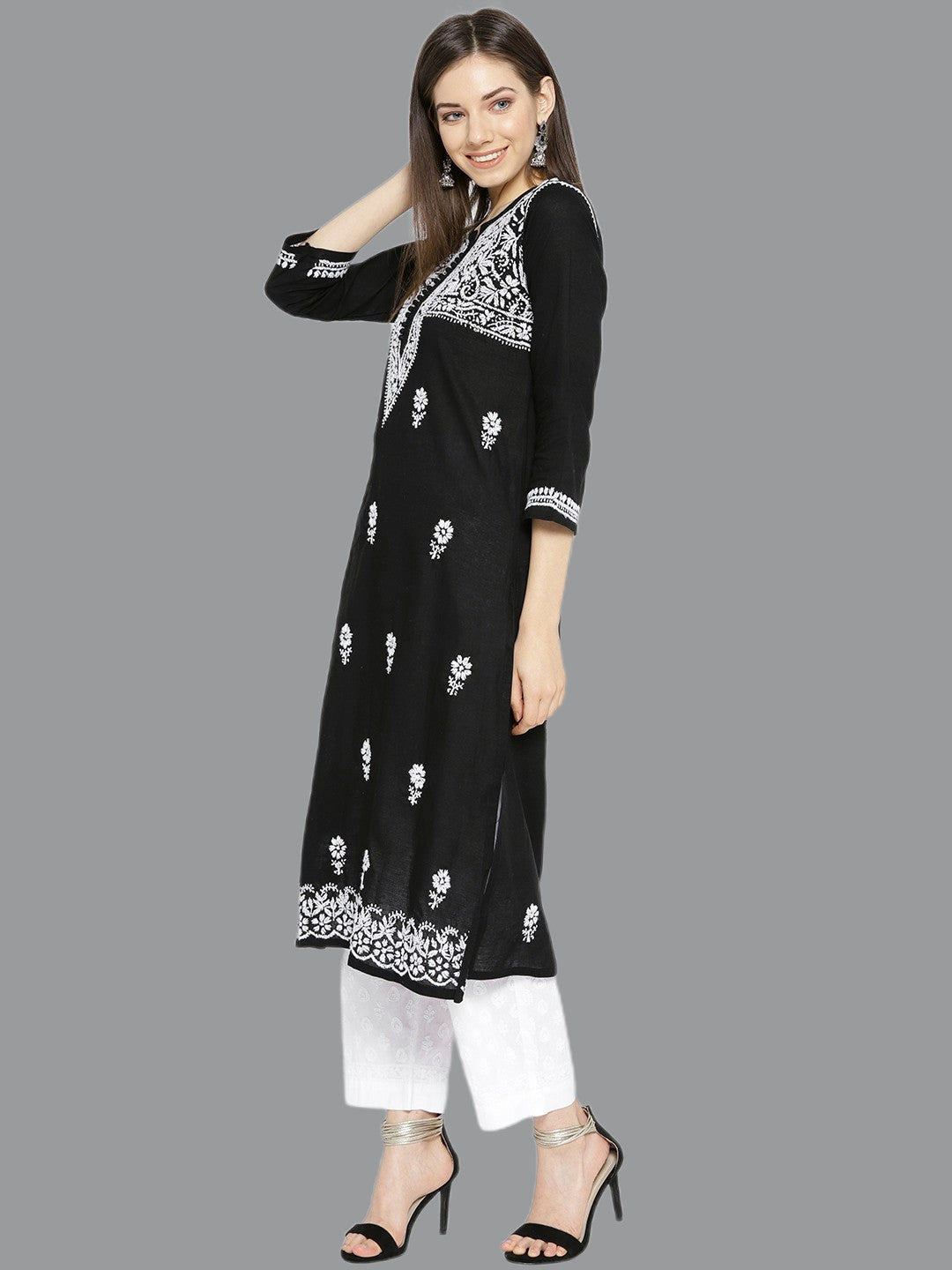 Ada Hand Embroidered Black Cotton Lucknow Chikankari Kurta with Palazzo Set A100016