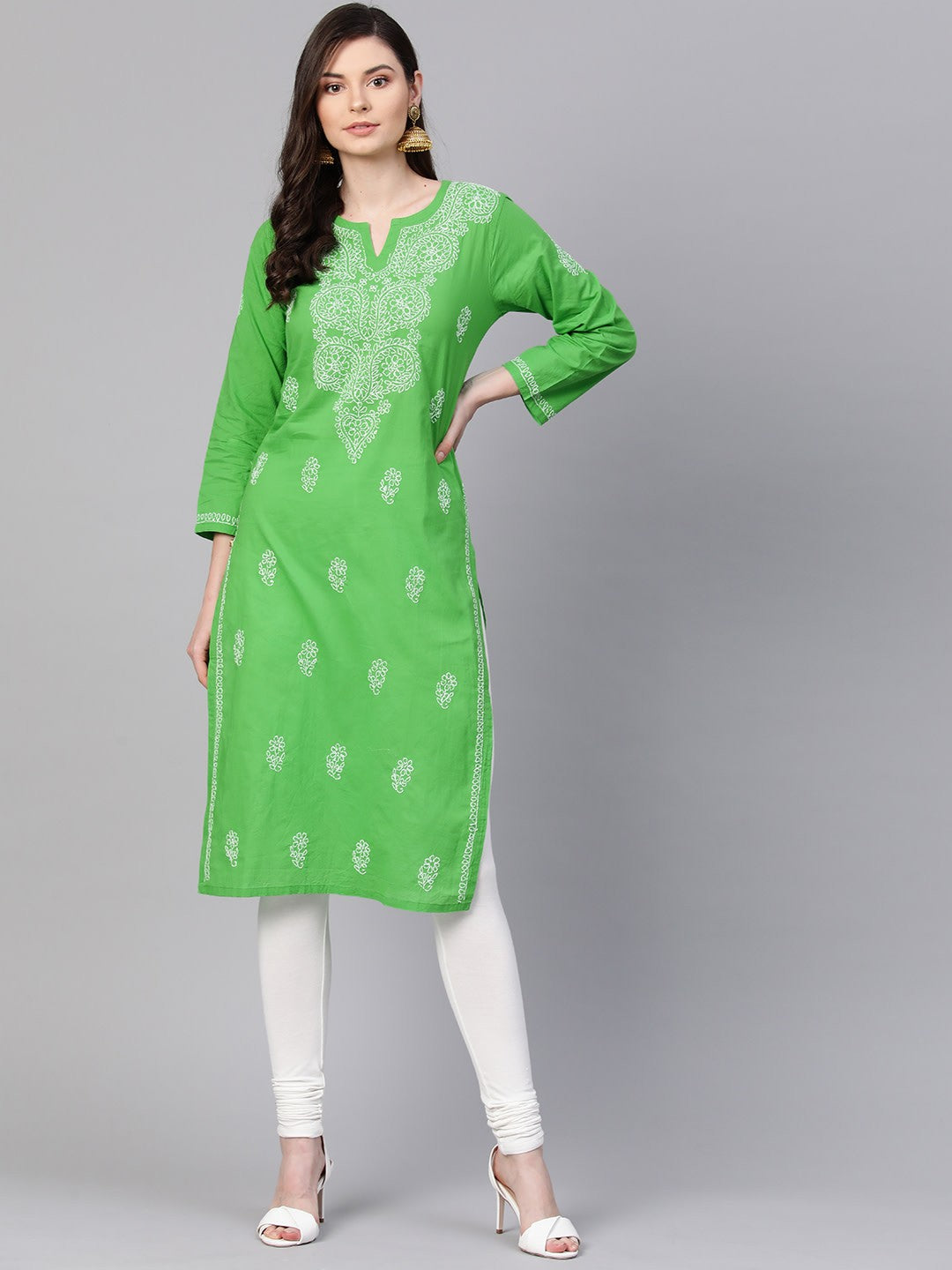 Ada Hand Embroidered Green Pure Cambric Cotton Lucknowi Chikankari Straight Kurta A100350