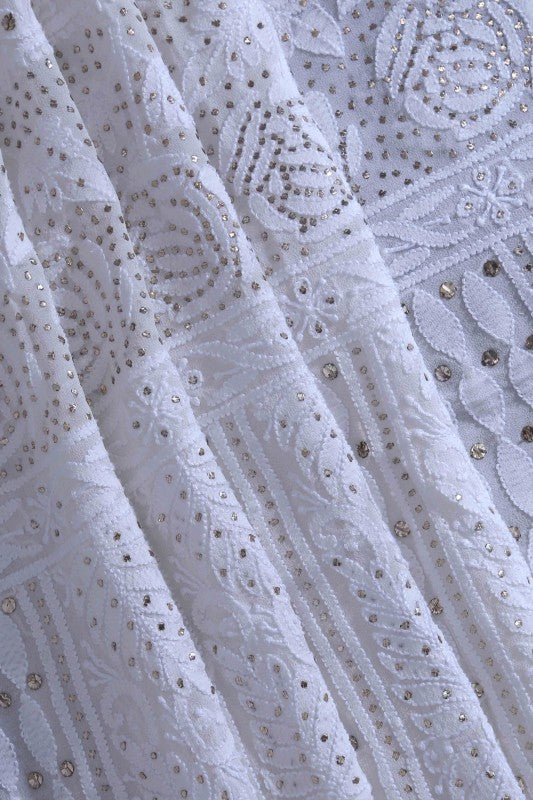 Ada Hand Embroidered White Pure Georgette Lucknowi Chikan Unstitched Kurta Piece With Muqaish Work A199086