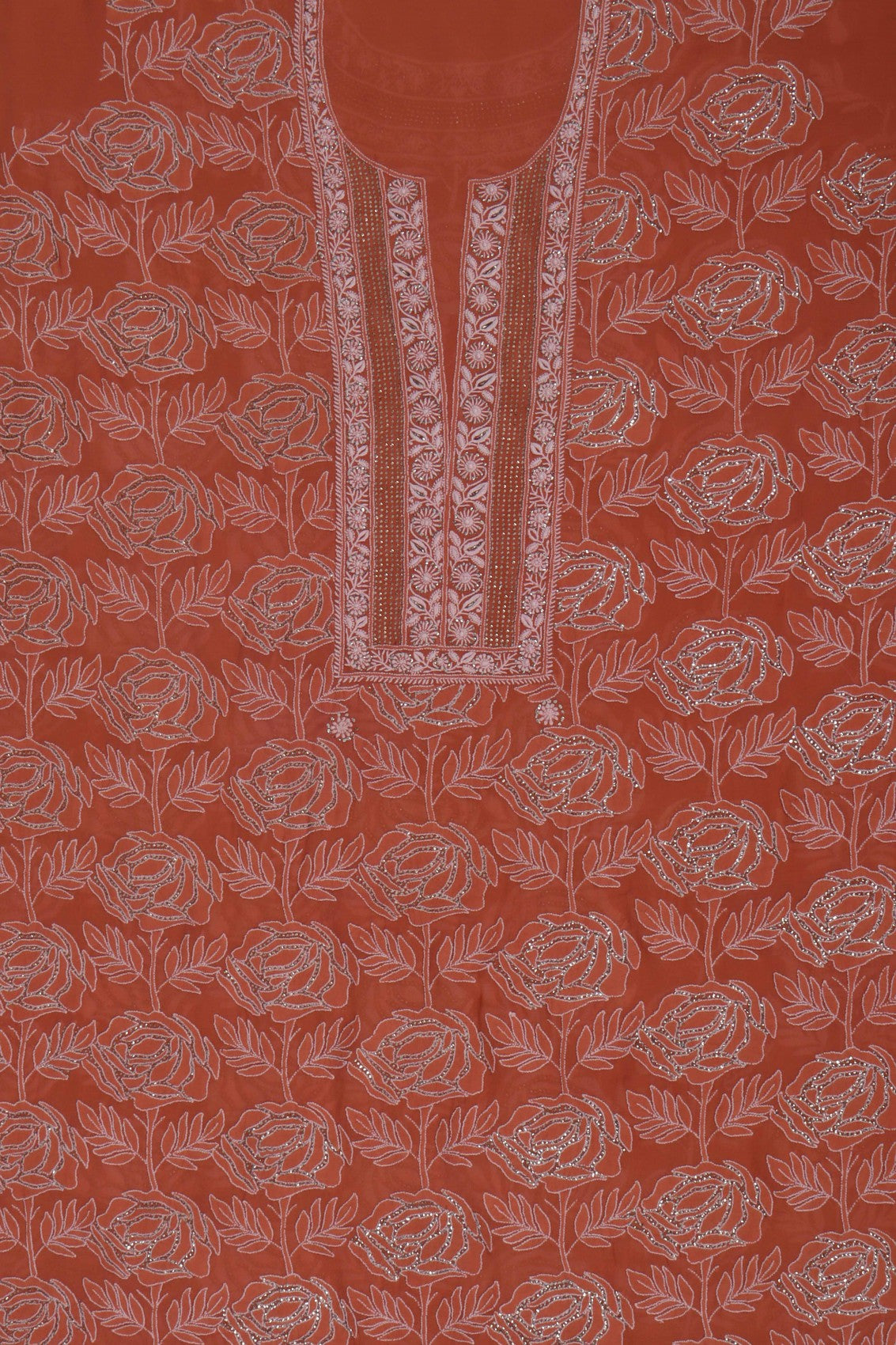 Ada Hand Embroidered Rust Pure Georgette Lucknowi Chikankari Unstitched Suit Piece With Muqaish Work A561330