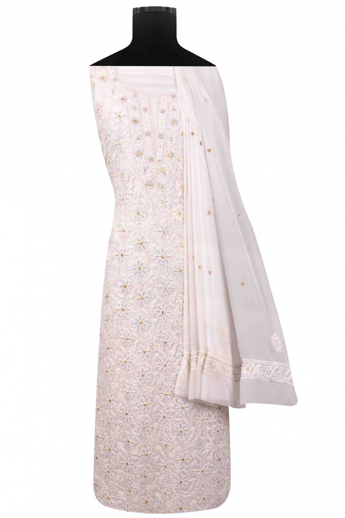 Ada Hand Embroidered White Georgette Lucknowi Chikankari Unstitched Suit Piece With Pearl Work A262204