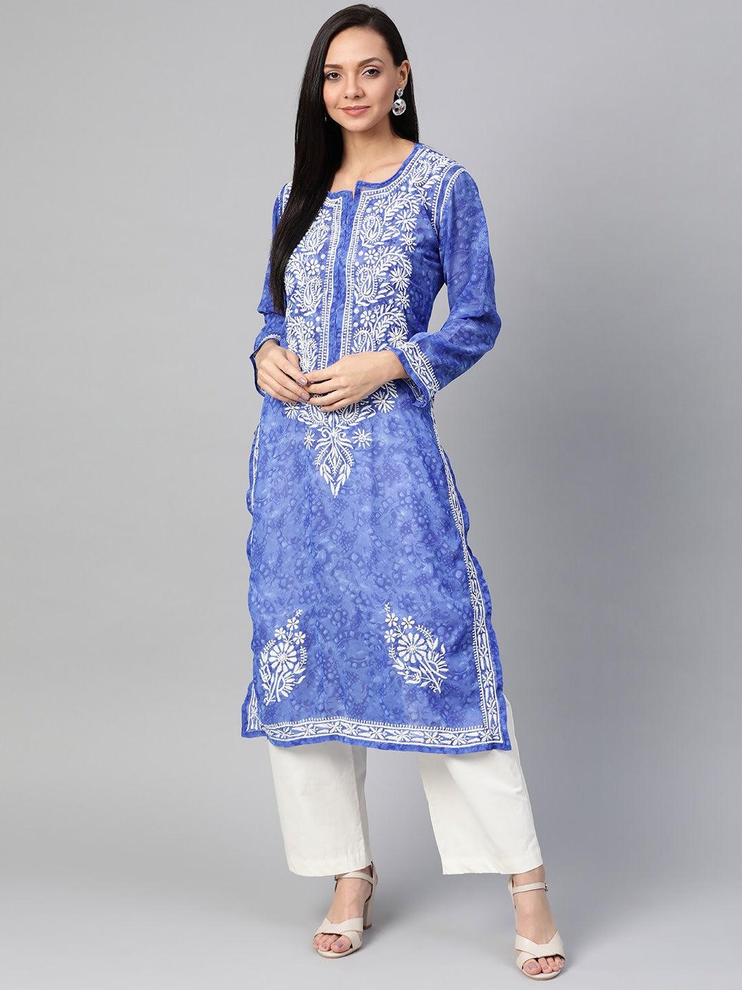 Ada Hand Embroidered Royal Blue Faux Georgette Lucknow Chikankari Kurta- A100462