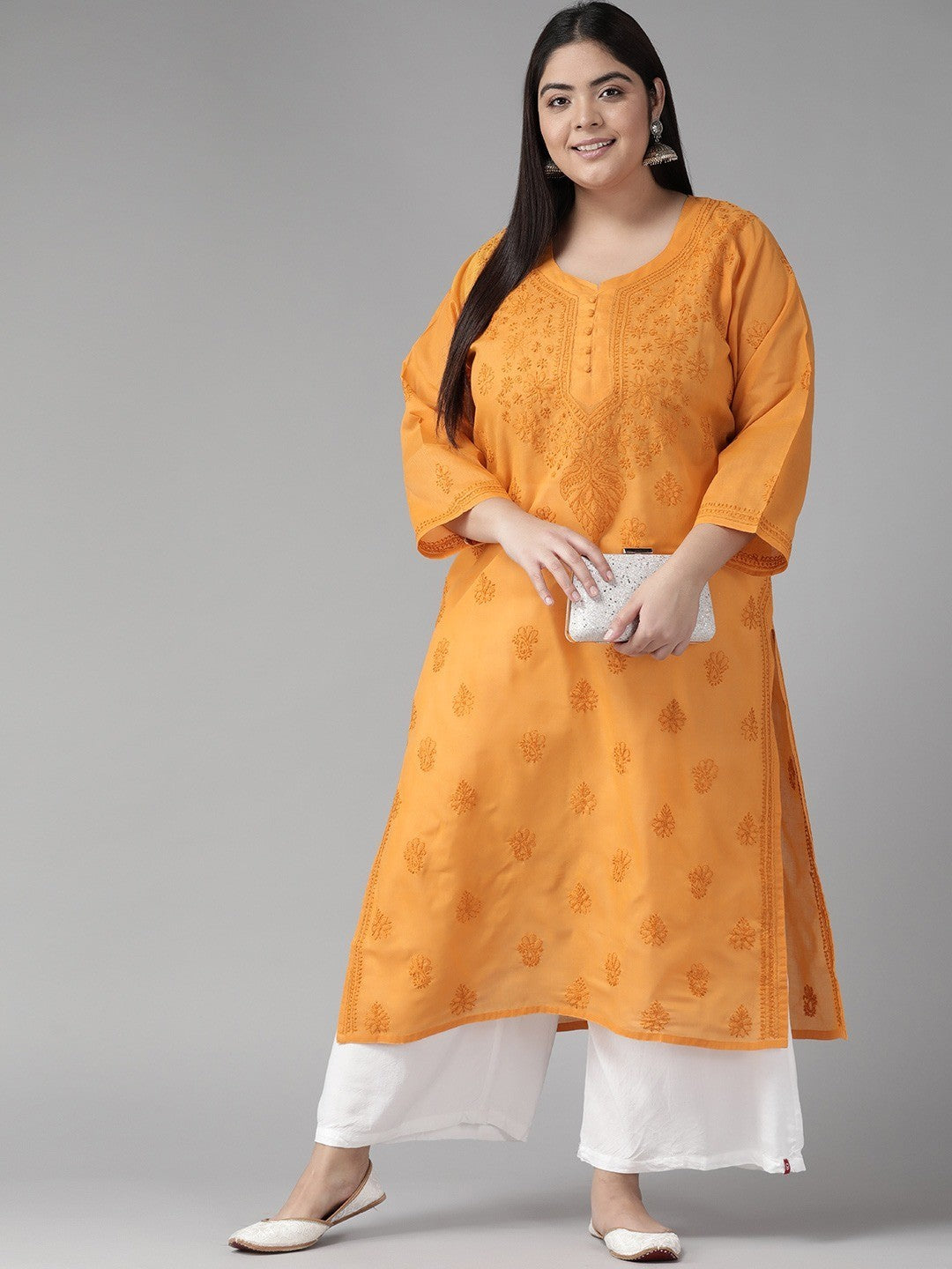 Ada Hand Embroidered Mustard Cotton Lucknowi Chikankari Straight Kurta A100366