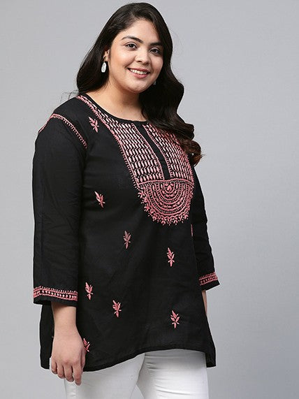 Ada Hand Embroidered Black Cotton Lucknowi Chikankari Straight Kurti A911112