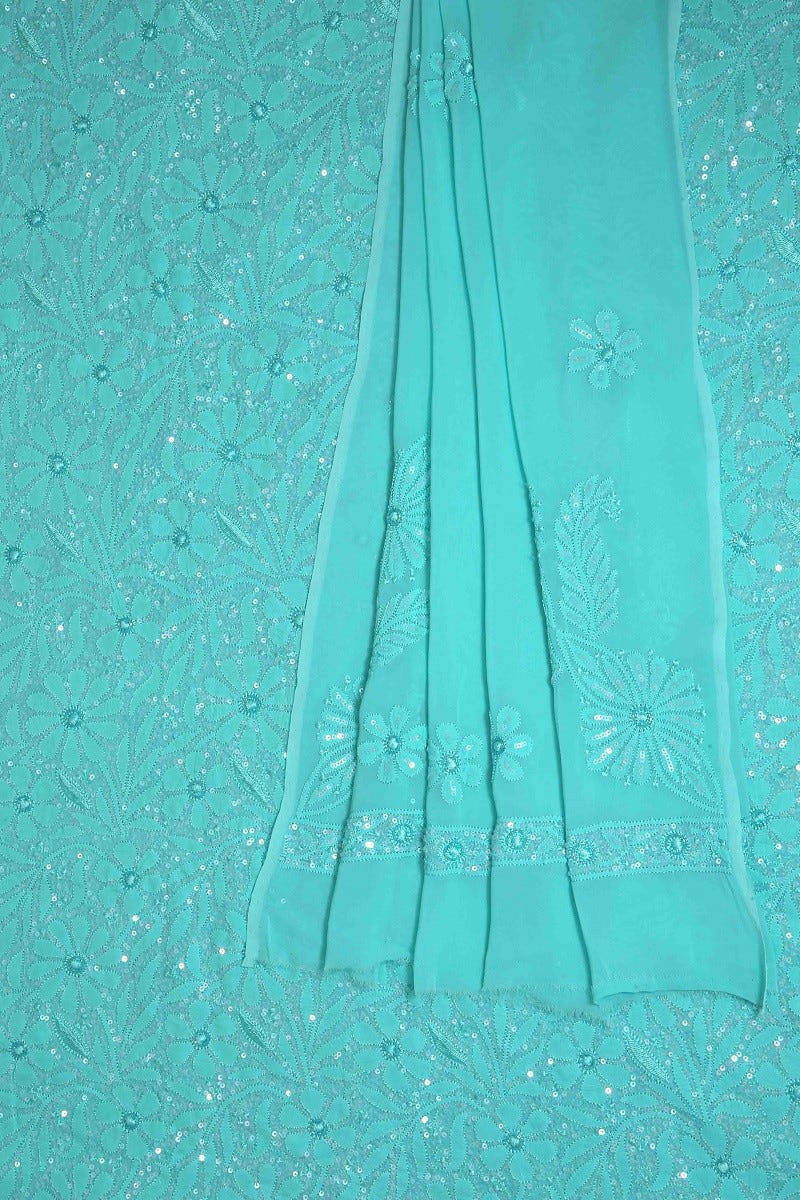 Ada Hand Embroidered Turquoise Blue Georgette Lucknowi Chikan Unstitched Kurta Dupatta Set with Sequinned Work A611683