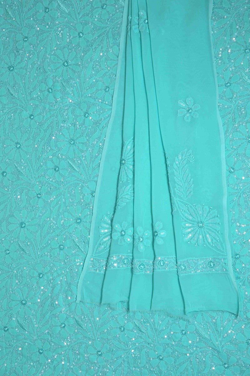 Ada Hand Embroidered Turquoise Blue Georgette Lucknowi Chikan Unstitched Kurta Dupatta Set with Sequinned Work A611683