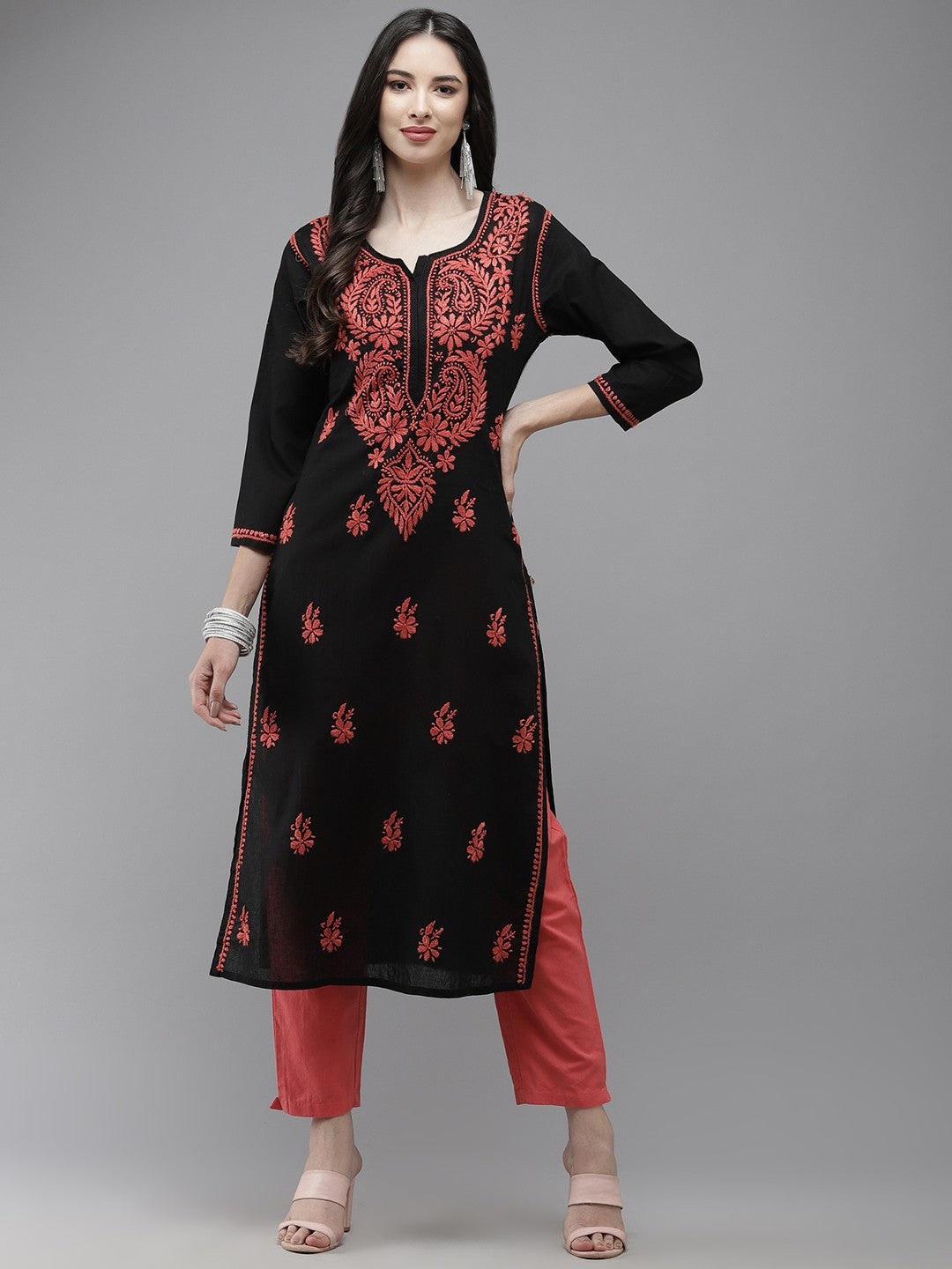Ada Hand Embroidered Black Cotton Lucknow Chikankari Kurta A411278