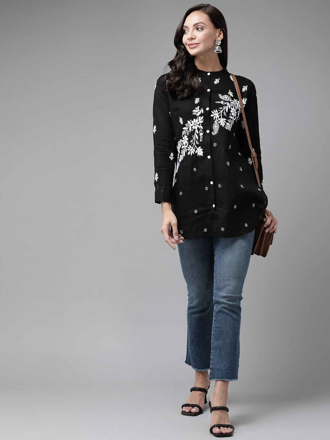 Ada Hand Embroidered Black Cotton Lucknowi Chikankari Short Kurti A911222