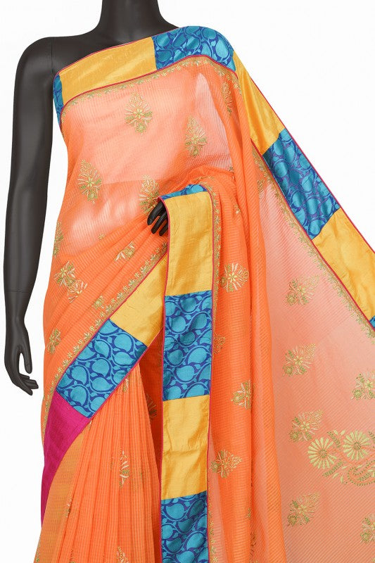 Ada Hand Embroidered Orange Kota Lucknowi Chikankari Saree With Blouse A56516