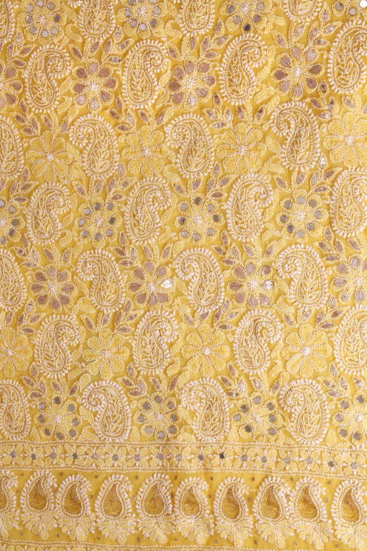 Ada Hand Embroidered Sunglow Yellow Georgette Lucknowi Chikan Unstitched Kurta Dupatta With Gota patti Work A602511