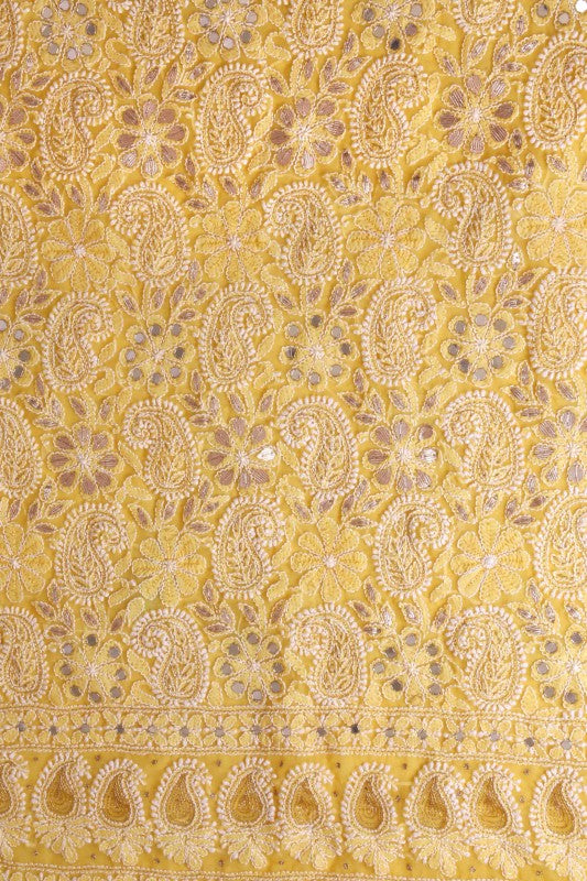 Ada Hand Embroidered Sunglow Yellow Georgette Lucknowi Chikan Unstitched Kurta Dupatta With Gota patti Work A602511