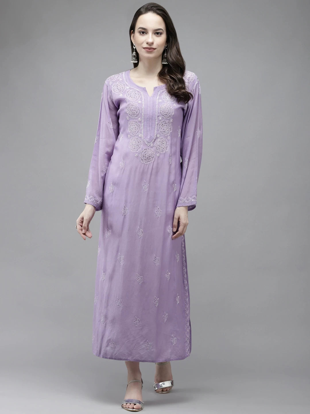 Ada Hand Embroidered Mauve Muslin Lucknowi Chikankari Kurta With Muqaish Work-A411299