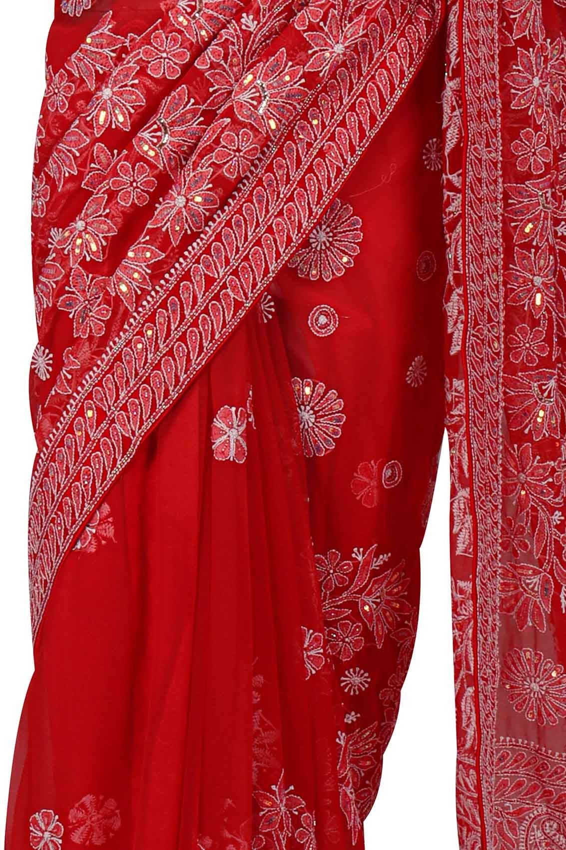 Ada Hand Embroidered Red Georgette Lucknowi Chikankari Saree/Blouse With Sequinned Work 01A137051