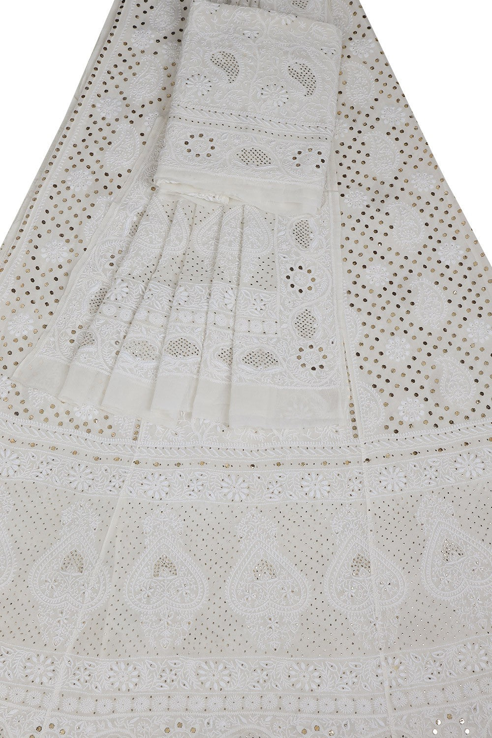 Ada Hand Embroidered White Pure Georgette Lucknowi Chikankari Lehenga Set With Muqaish Work– A617821
