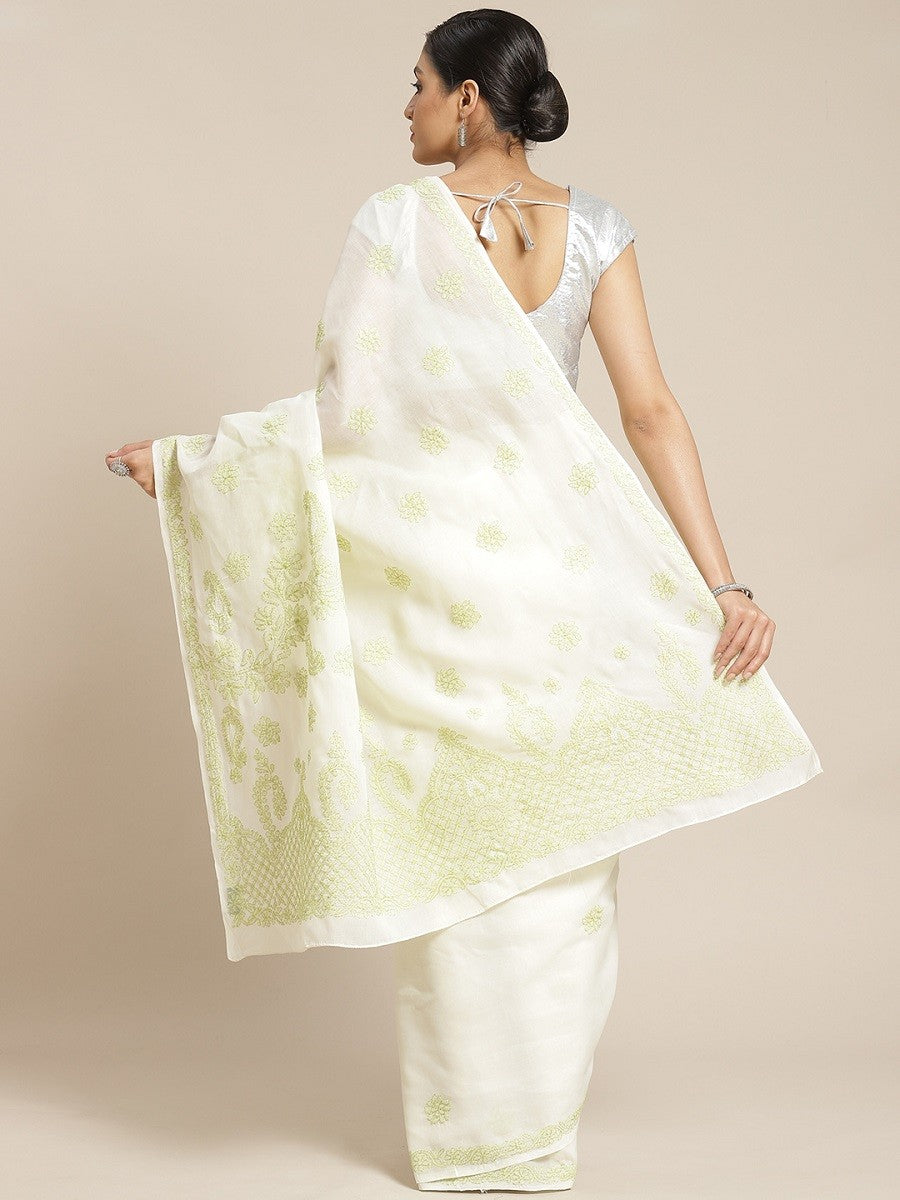 Ada Hand Embroidered Cream Cotton Lucknow Chikan Saree With Blouse- A311175