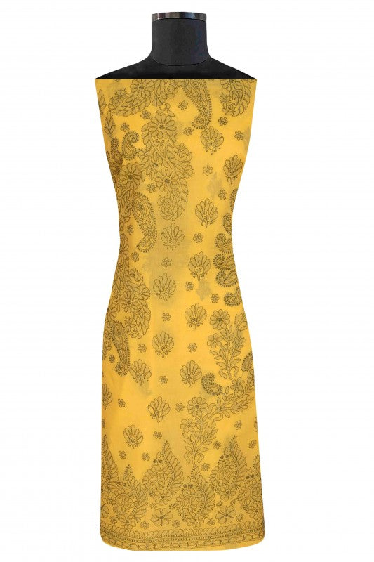 Ada Hand Embroidered Yellow Cotton Lucknowi Chikan Unstitched Suit Piece-A211122