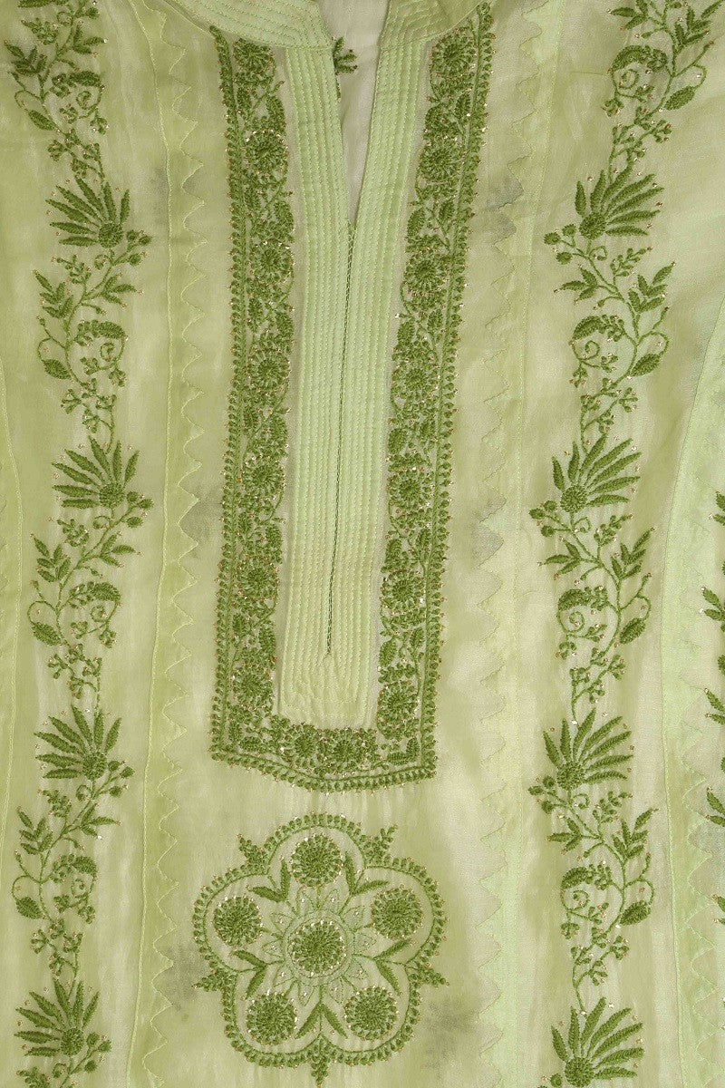 Ada Hand Embroidered Green Chanderi Lucknowi Chikan Semi-Stitched Kurta Piece With Muqaish Work-A588042