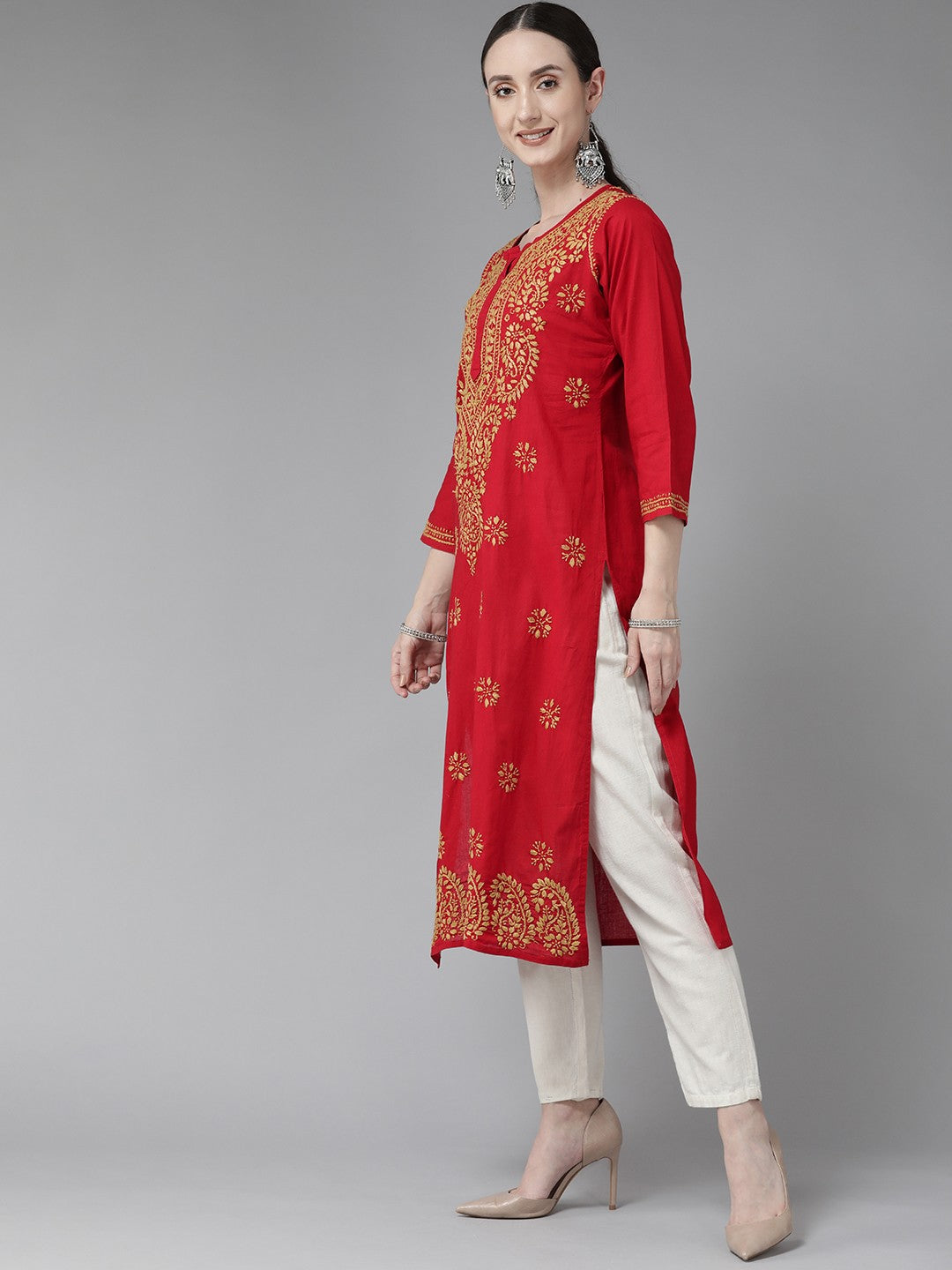Ada Hand Embroidered Red Cotton Lucknowi Chikankari Straight Kurta A188271