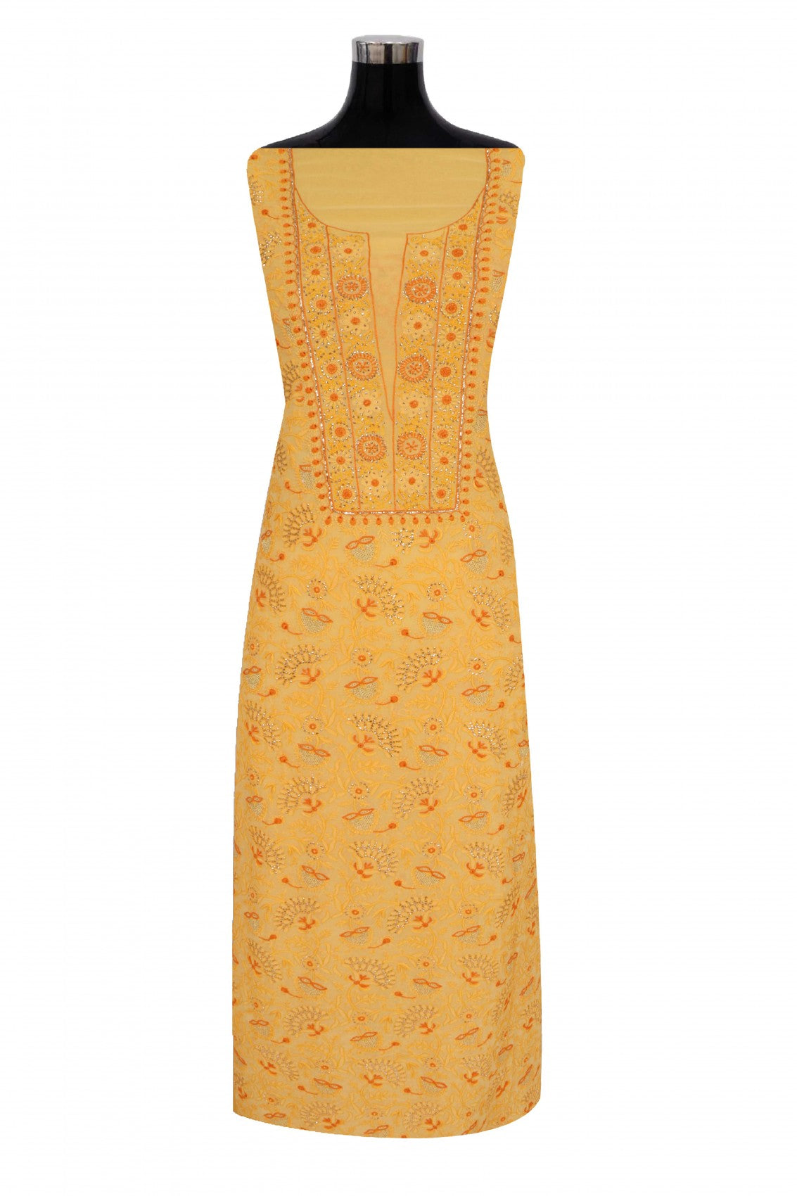 Ada Hand Embroidered Yellow Pure Georgette Lucknowi Chikankari Unstitched Suit Piece With Muqaish Work 01A157718