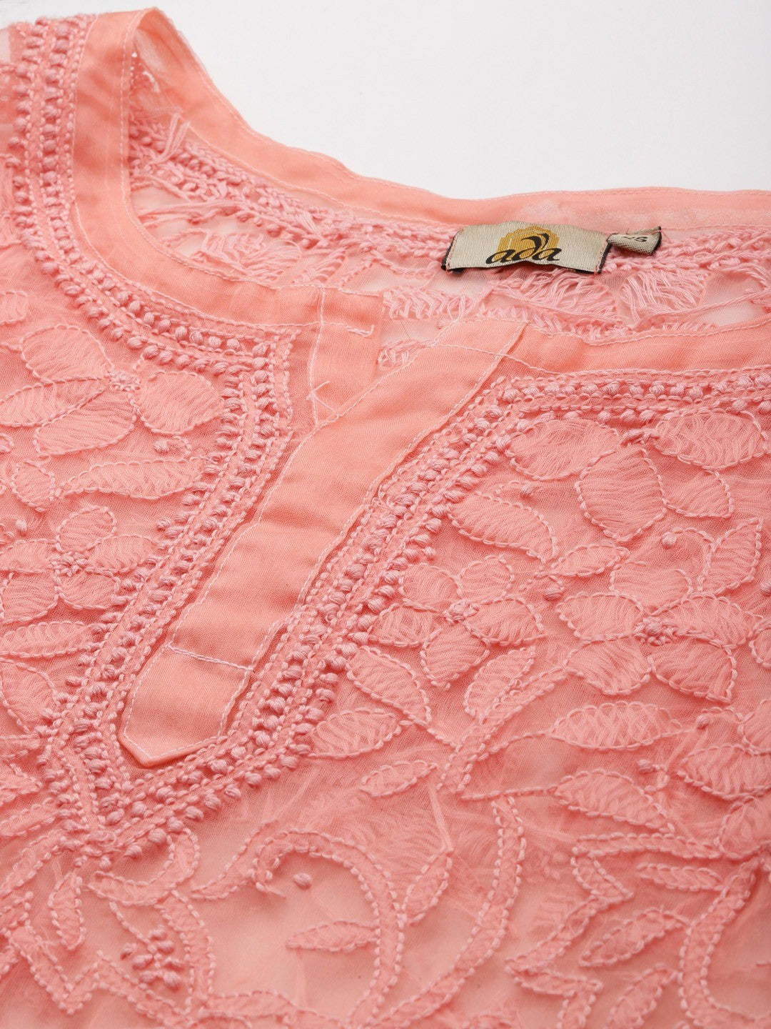 Ada Hand Embroidered Peach Organza Lucknowi Chikankari Straight Kurta With Slip- A411238