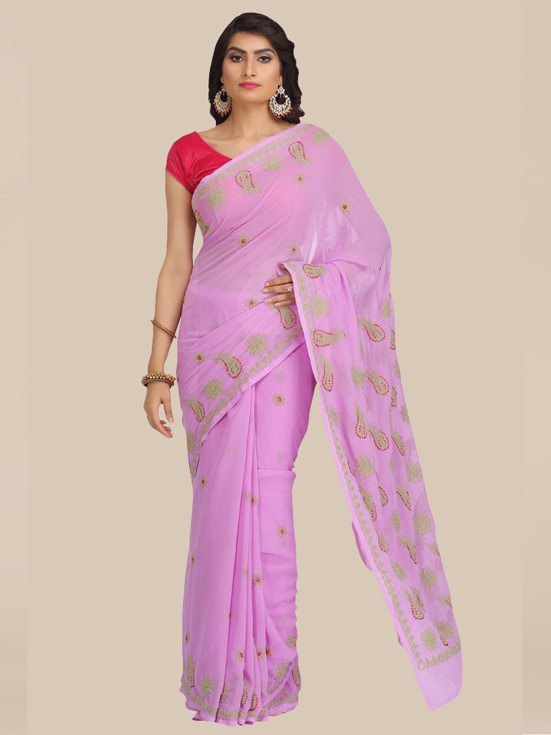 Ada Hand Embroidered Mauve Georgette Lucknow Chikan Saree With Blouse A191584