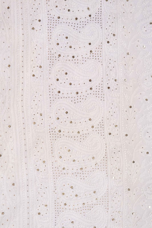 Ada Hand Embroidered White Georgette Lucknowi Chikan Unstitched Kurta Piece with Muqaish Work A619730