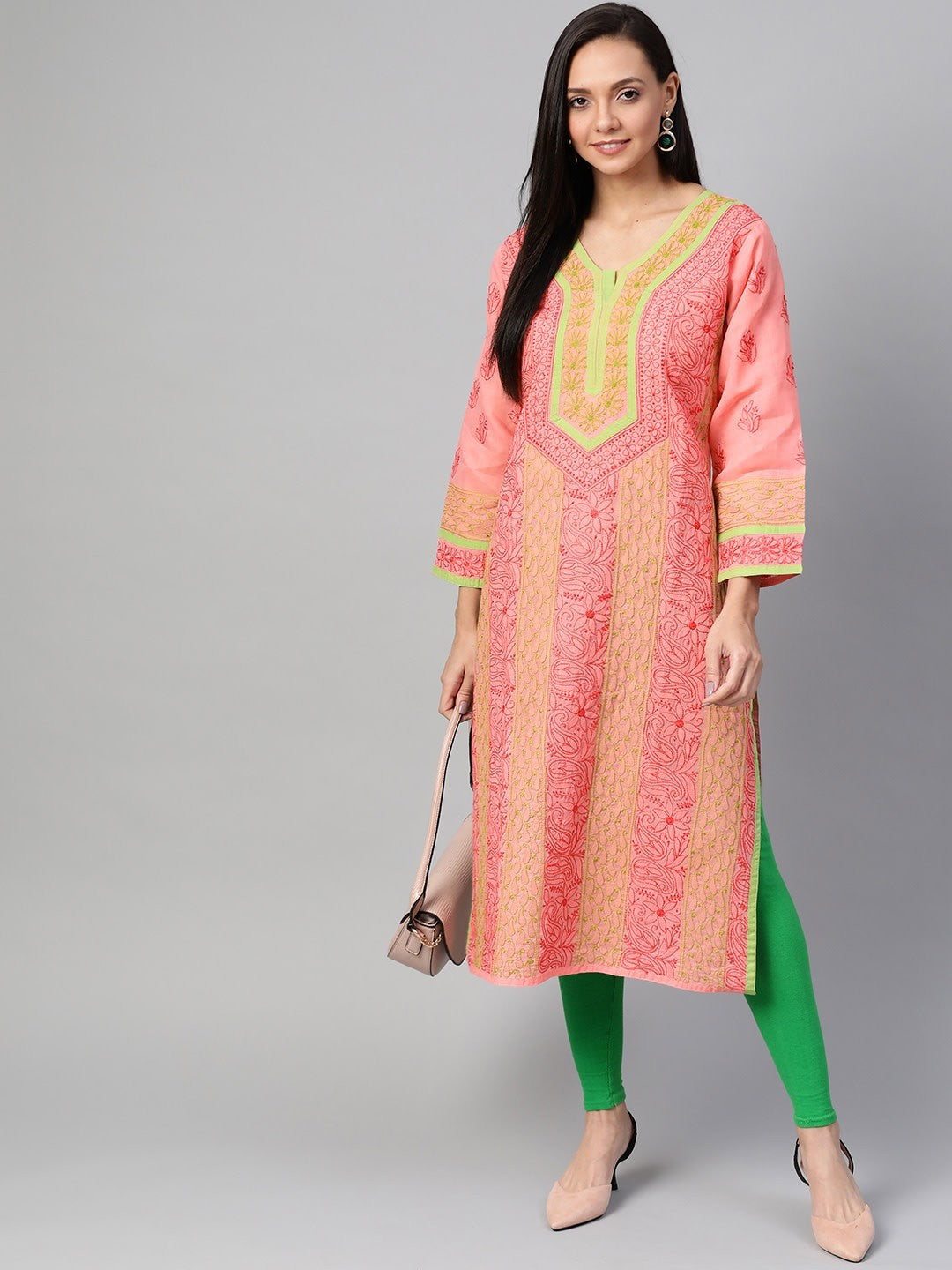 Ada Hand Embroidered Peach Cotton Lucknow Chikan Straight Kurta A273486