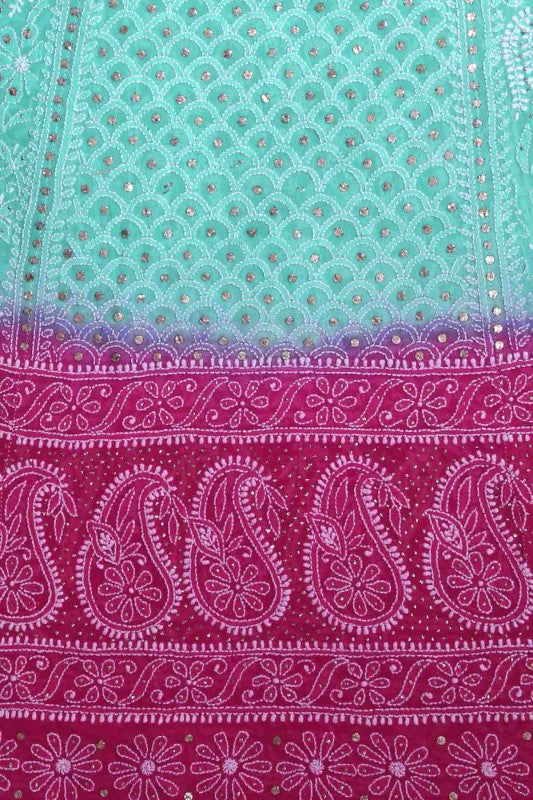 Ada Hand Embroidered Magenta/Sea Green Shaded Pure Georgette Lucknowi Chikankari Lehenga Set With Muqaish Work-A574888
