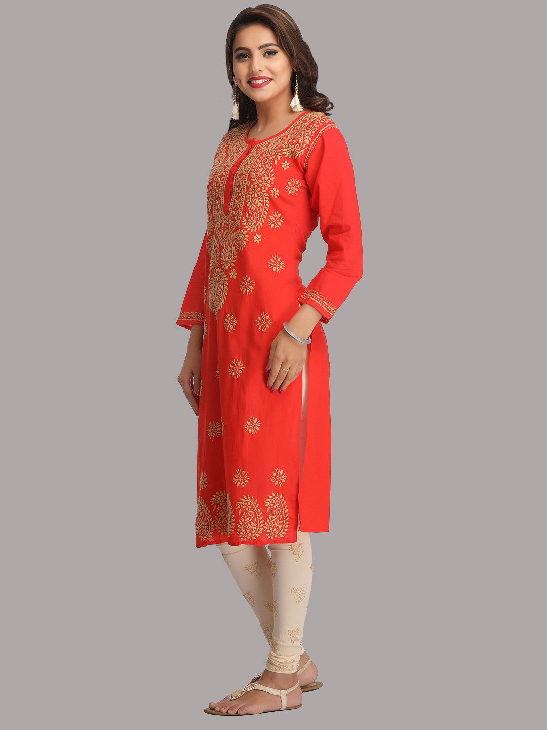 Ada Hand Embroidered Carrot Pink Cotton Lucknowi Chikankari Straight Kurta A188269